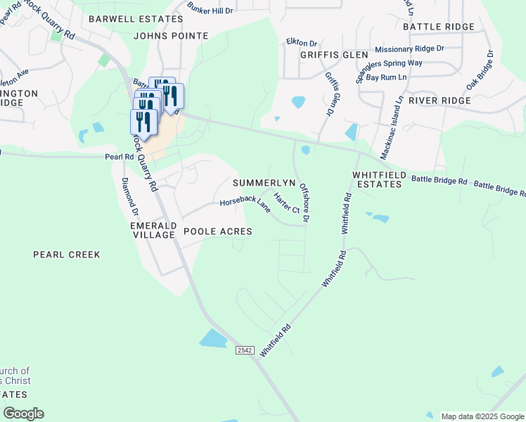 map of restaurants, bars, coffee shops, grocery stores, and more near 6816 Horseback Lane in Raleigh