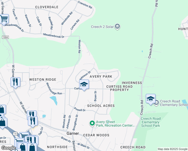 map of restaurants, bars, coffee shops, grocery stores, and more near 218 Creekchannel Ct in Garner