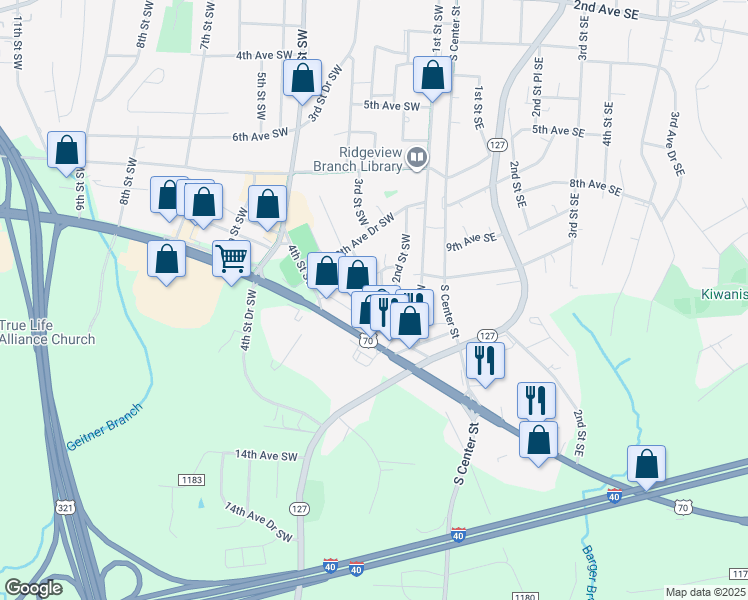 map of restaurants, bars, coffee shops, grocery stores, and more near 960 2nd Street Place Southwest in Hickory