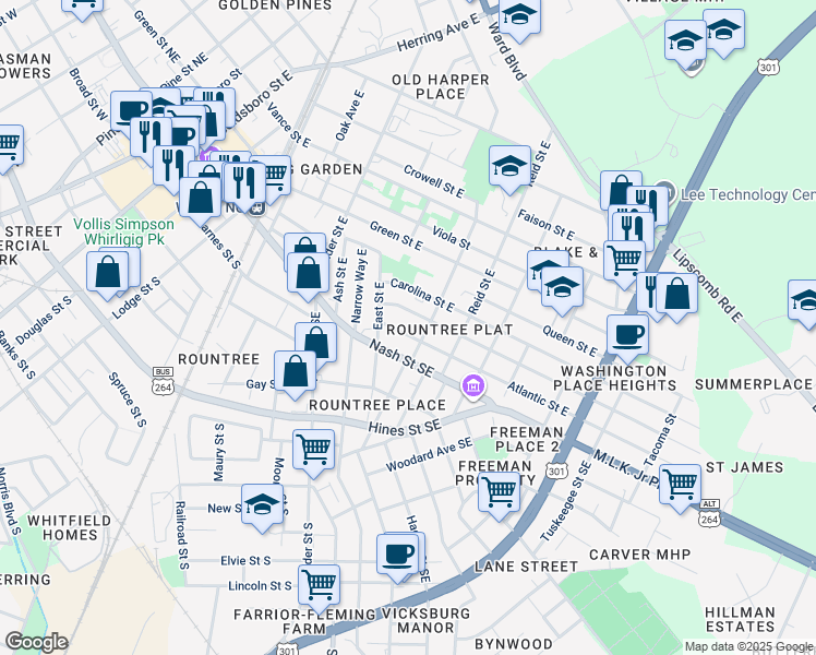 map of restaurants, bars, coffee shops, grocery stores, and more near 919 Atlantic Street East in Wilson