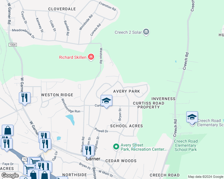 map of restaurants, bars, coffee shops, grocery stores, and more near 432 Johnson Street in Garner