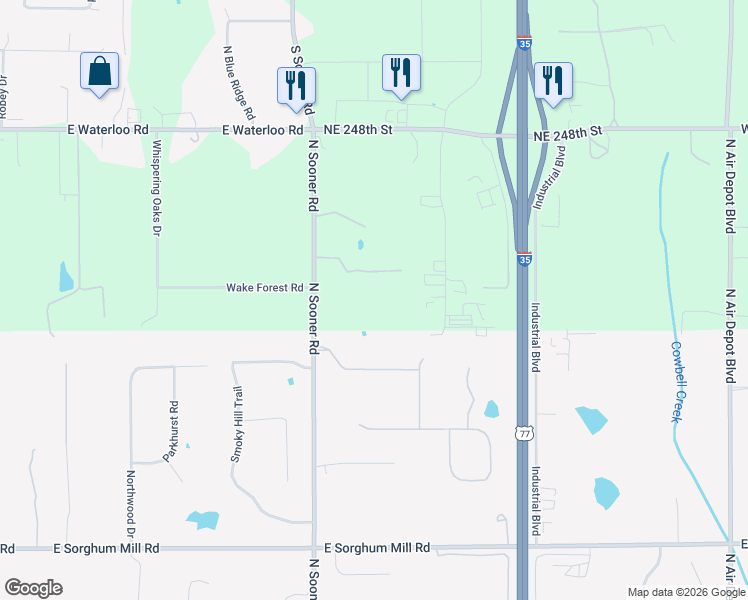 map of restaurants, bars, coffee shops, grocery stores, and more near 6212 North Sooner Road in Edmond