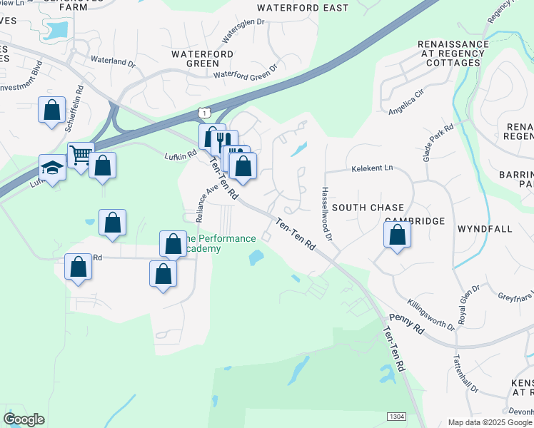 map of restaurants, bars, coffee shops, grocery stores, and more near Ten-Ten Road & Kiftsgate Lane in Apex