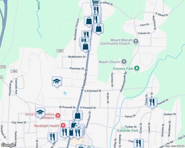 map of restaurants, bars, coffee shops, grocery stores, and more near 201 Sterling Street in Asheboro