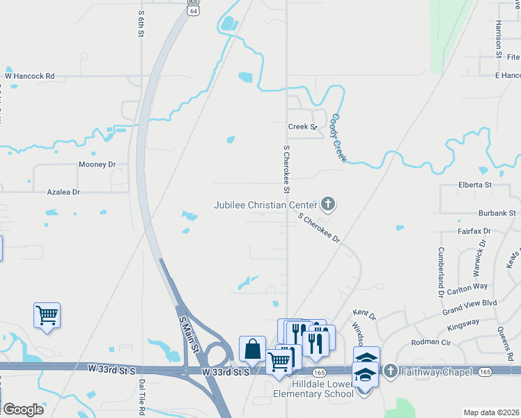 map of restaurants, bars, coffee shops, grocery stores, and more near 120 Cherokee Lane in Muskogee