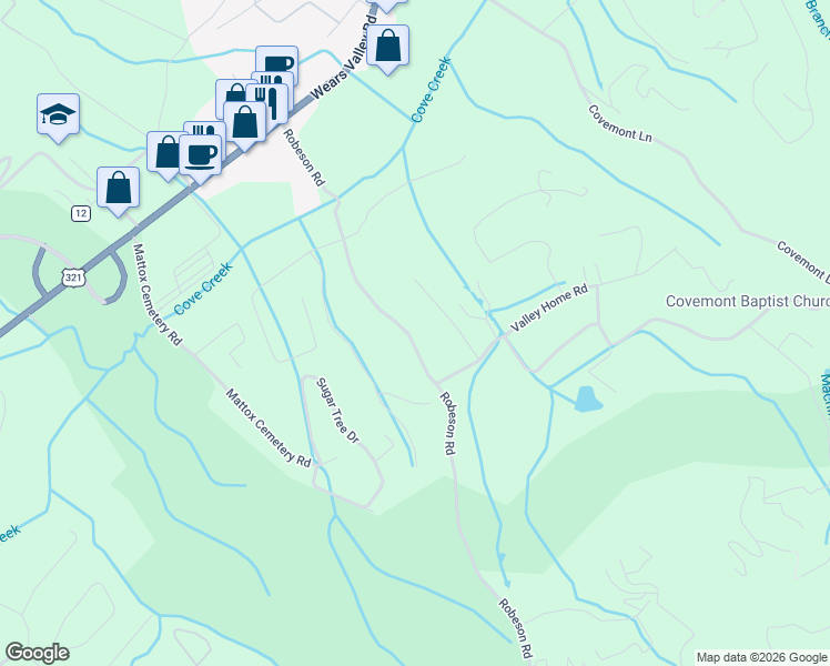 map of restaurants, bars, coffee shops, grocery stores, and more near 3369 Robeson Road in Sevierville