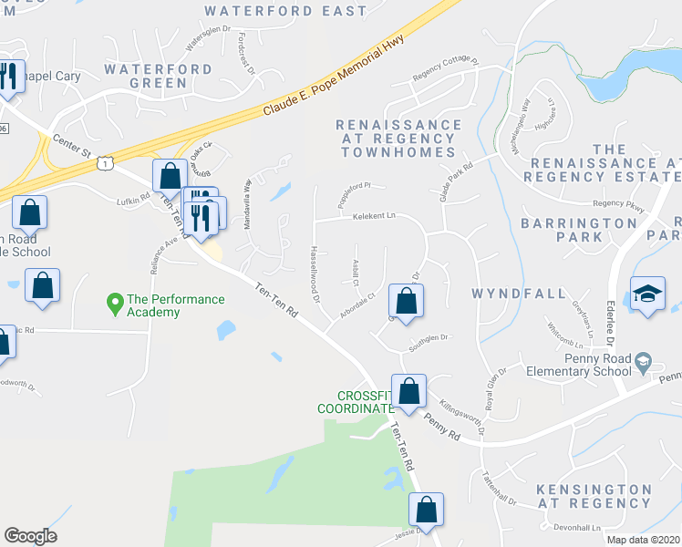 map of restaurants, bars, coffee shops, grocery stores, and more near 102 Spector Court in Cary