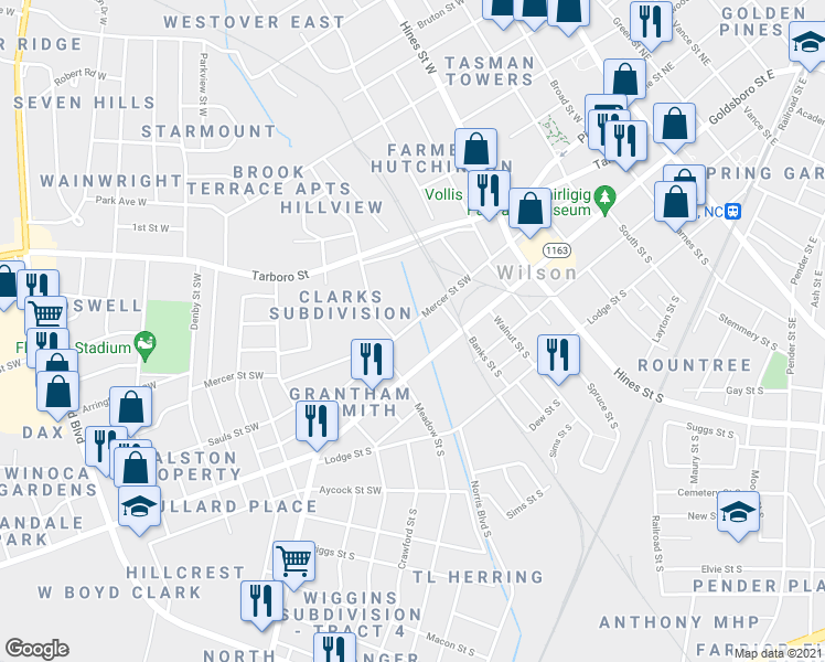 map of restaurants, bars, coffee shops, grocery stores, and more near 811 Mercer Street Southwest in Wilson