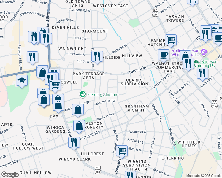 map of restaurants, bars, coffee shops, grocery stores, and more near 809 Selma Street Southwest in Wilson