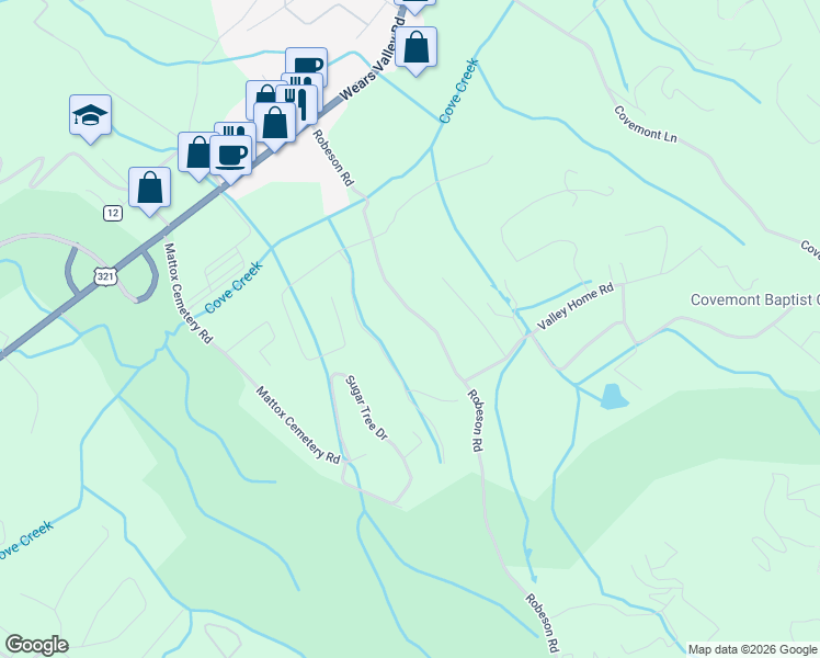 map of restaurants, bars, coffee shops, grocery stores, and more near 3326 Robeson Road in Sevierville