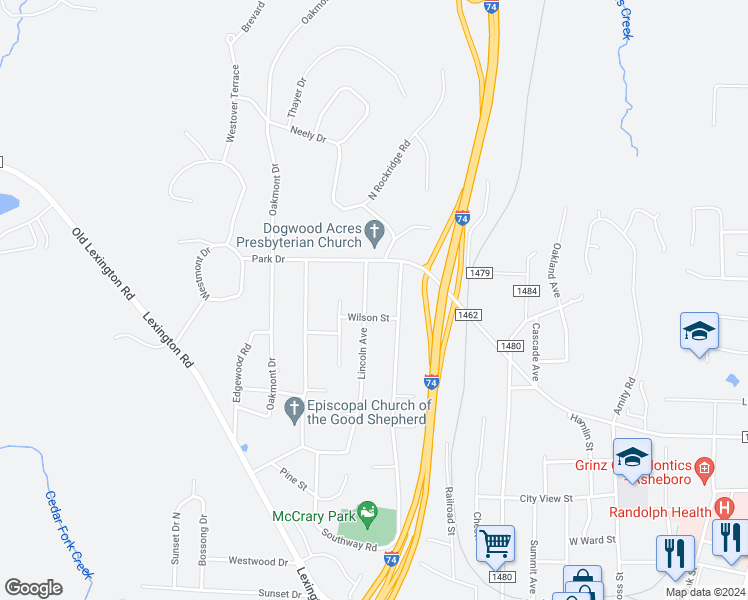 map of restaurants, bars, coffee shops, grocery stores, and more near 724 Lincoln Avenue in Asheboro