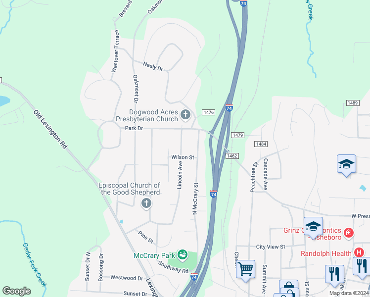 map of restaurants, bars, coffee shops, grocery stores, and more near 724 Lincoln Avenue in Asheboro