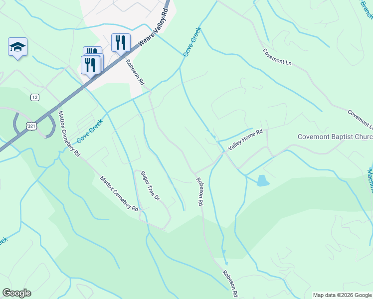 map of restaurants, bars, coffee shops, grocery stores, and more near 3369 Robeson Road in Sevierville