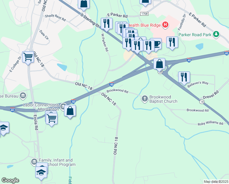 map of restaurants, bars, coffee shops, grocery stores, and more near 106 Brookwood Road in Morganton