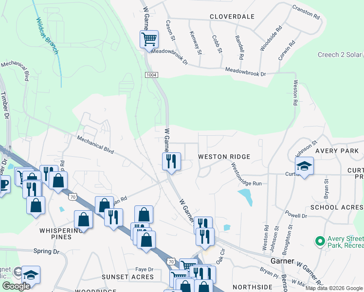 map of restaurants, bars, coffee shops, grocery stores, and more near 1000 Willow Vista Road in Garner