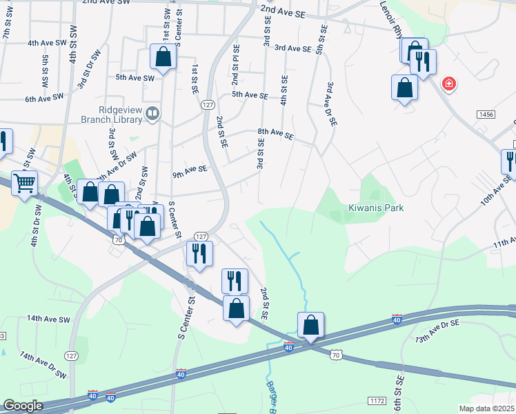 map of restaurants, bars, coffee shops, grocery stores, and more near 1051 3rd St SE in Hickory