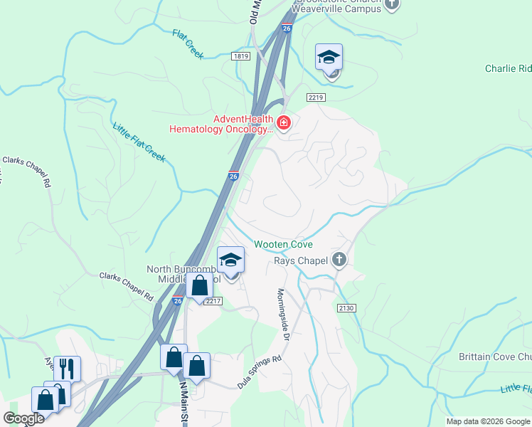 map of restaurants, bars, coffee shops, grocery stores, and more near 70 Red Maple Dr in Weaverville