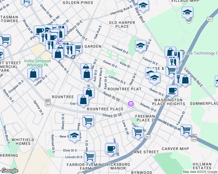 map of restaurants, bars, coffee shops, grocery stores, and more near 907 Atlantic Street East in Wilson