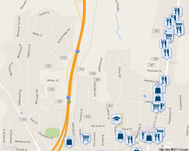 map of restaurants, bars, coffee shops, grocery stores, and more near 832 Peachtree Street in Asheboro