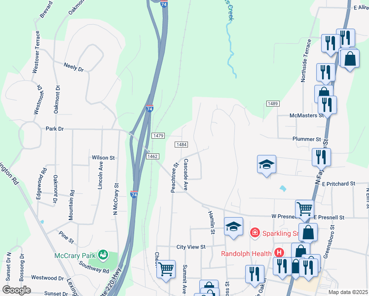 map of restaurants, bars, coffee shops, grocery stores, and more near 832 Peachtree Street in Asheboro