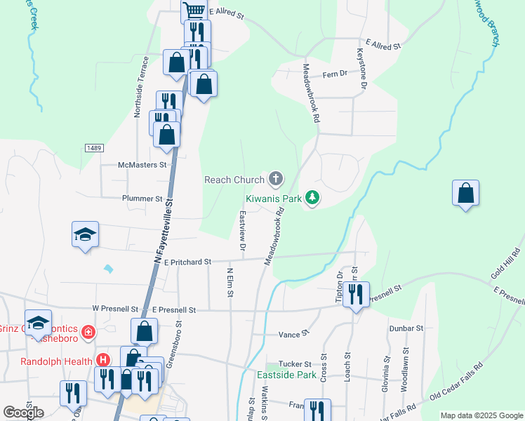 map of restaurants, bars, coffee shops, grocery stores, and more near 256 Crowne Park Avenue in Asheboro