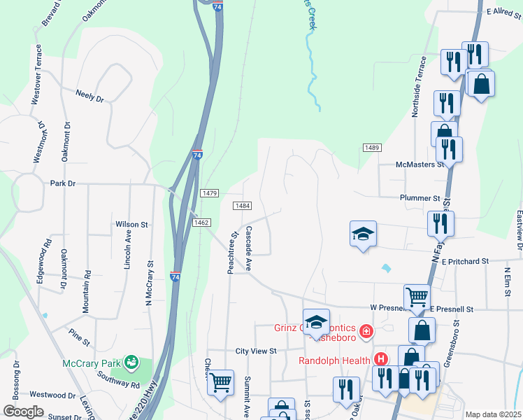 map of restaurants, bars, coffee shops, grocery stores, and more near 1313 Oakland Avenue in Asheboro