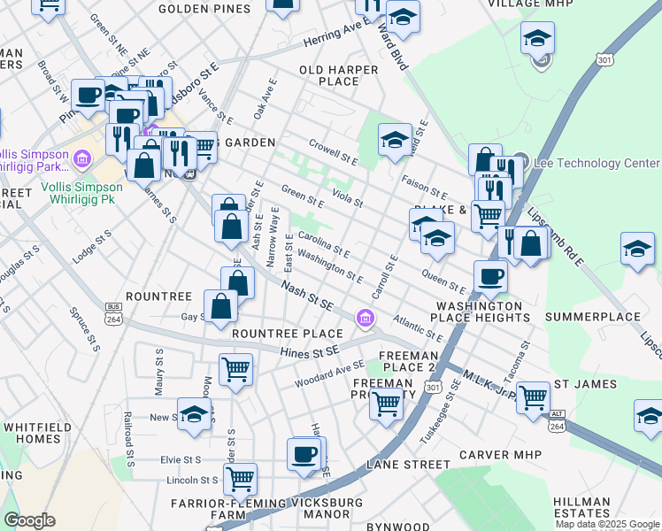 map of restaurants, bars, coffee shops, grocery stores, and more near 1000 Washington Street East in Wilson