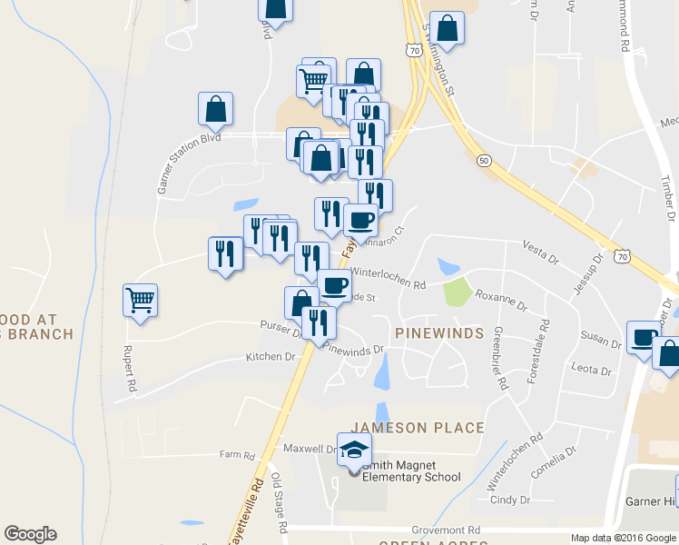 map of restaurants, bars, coffee shops, grocery stores, and more near 4430 Fayetteville Road in Raleigh