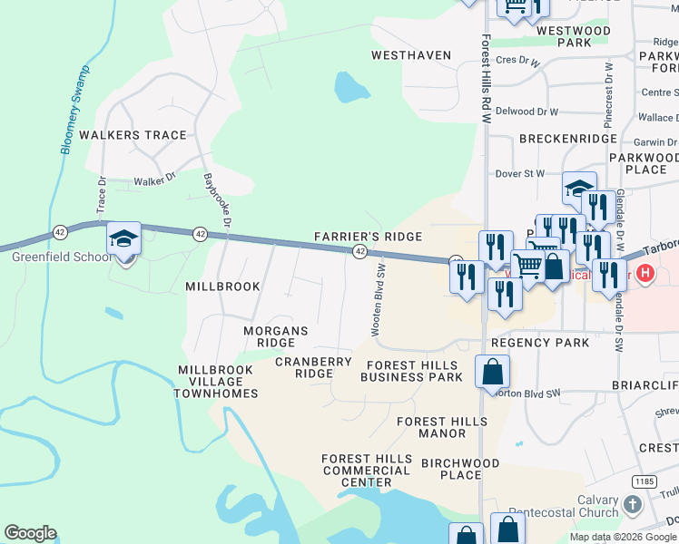 map of restaurants, bars, coffee shops, grocery stores, and more near 3001 Wynfall Lane in Wilson