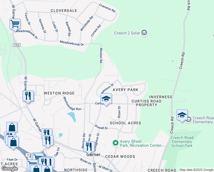 map of restaurants, bars, coffee shops, grocery stores, and more near 425 Johnson Street in Garner