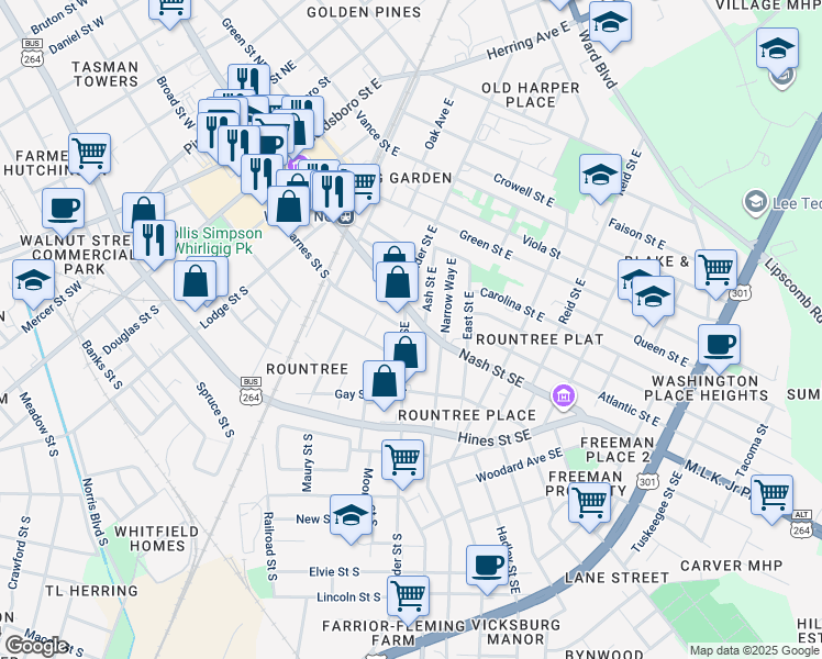 map of restaurants, bars, coffee shops, grocery stores, and more near 201 Pender Street Southeast in Wilson