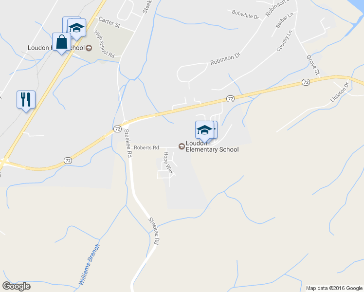 map of restaurants, bars, coffee shops, grocery stores, and more near 2175 Roberts Road in Loudon
