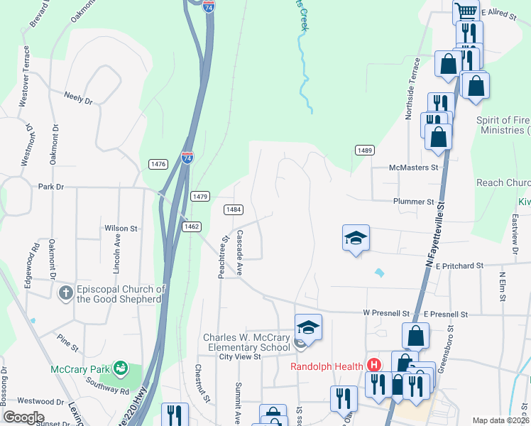 map of restaurants, bars, coffee shops, grocery stores, and more near 1206 Oakland Avenue in Asheboro