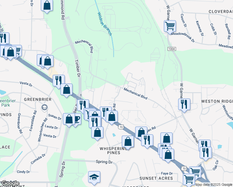 map of restaurants, bars, coffee shops, grocery stores, and more near 405 Loop Road in Garner