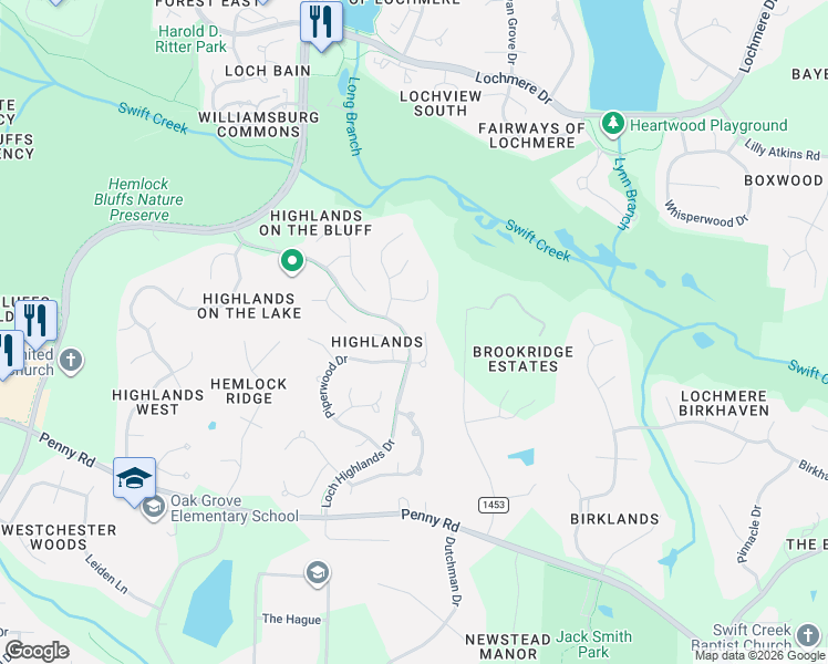 map of restaurants, bars, coffee shops, grocery stores, and more near 114 Glenrose Lane in Cary