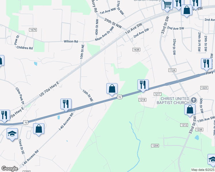 map of restaurants, bars, coffee shops, grocery stores, and more near 107 11th Street North East in Hildebran