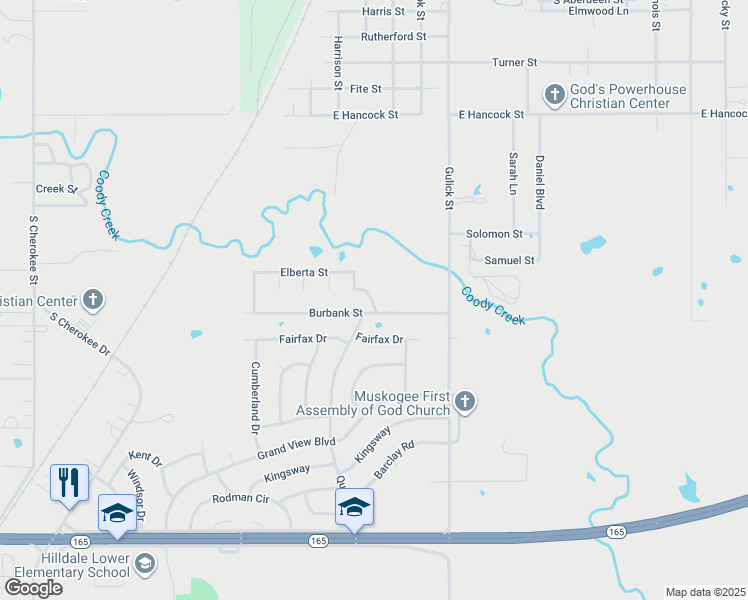 map of restaurants, bars, coffee shops, grocery stores, and more near 802 Queens Road in Muskogee