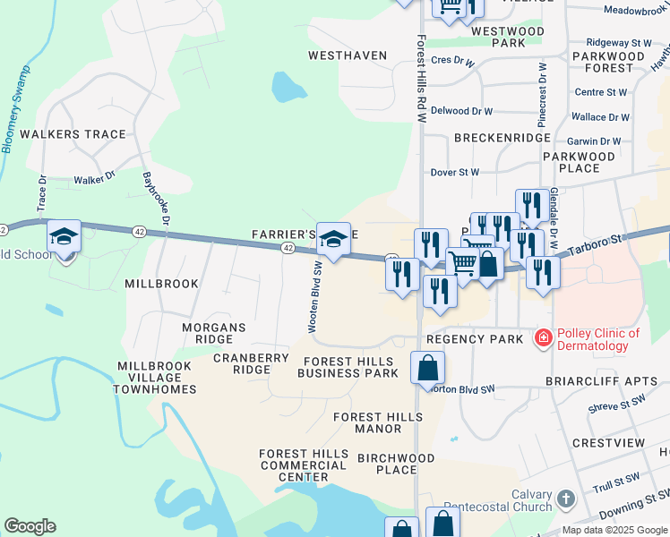 map of restaurants, bars, coffee shops, grocery stores, and more near 3011 North Carolina 42 in Wilson