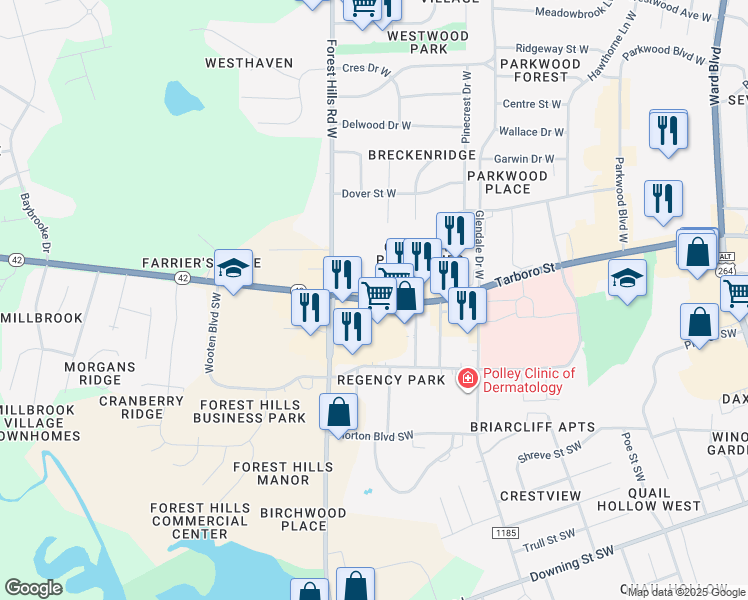 map of restaurants, bars, coffee shops, grocery stores, and more near 2101 Tarboro Street West in Wilson