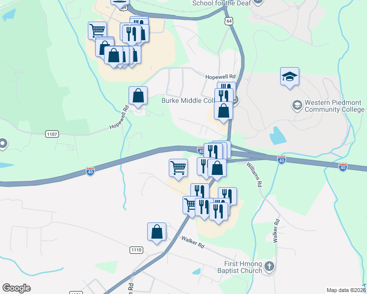 map of restaurants, bars, coffee shops, grocery stores, and more near Interstate 40 in Morganton