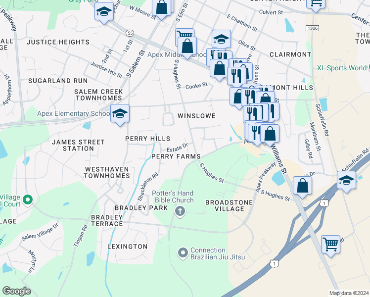 map of restaurants, bars, coffee shops, grocery stores, and more near 800 Handel Lane in Apex