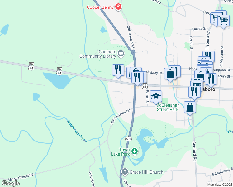 map of restaurants, bars, coffee shops, grocery stores, and more near 139 Thrift Street in Pittsboro