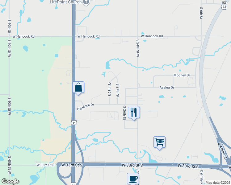 map of restaurants, bars, coffee shops, grocery stores, and more near 2709 South 27th Street in Muskogee