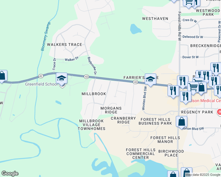 map of restaurants, bars, coffee shops, grocery stores, and more near 3213 Boyette Drive Southwest in Wilson