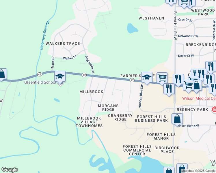 map of restaurants, bars, coffee shops, grocery stores, and more near 3213 Boyette Drive Southwest in Wilson