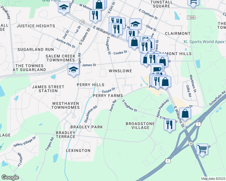 map of restaurants, bars, coffee shops, grocery stores, and more near 800 Handel Lane in Apex