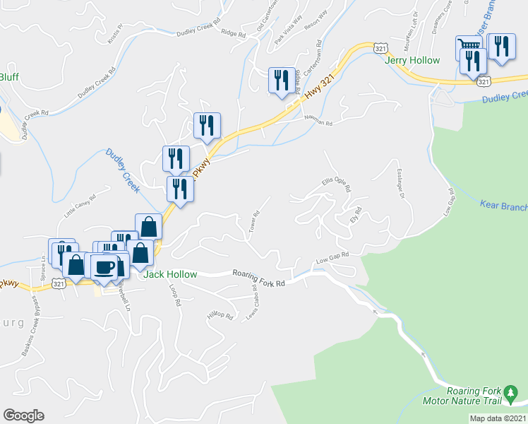 map of restaurants, bars, coffee shops, grocery stores, and more near 336 Tower Road in Gatlinburg
