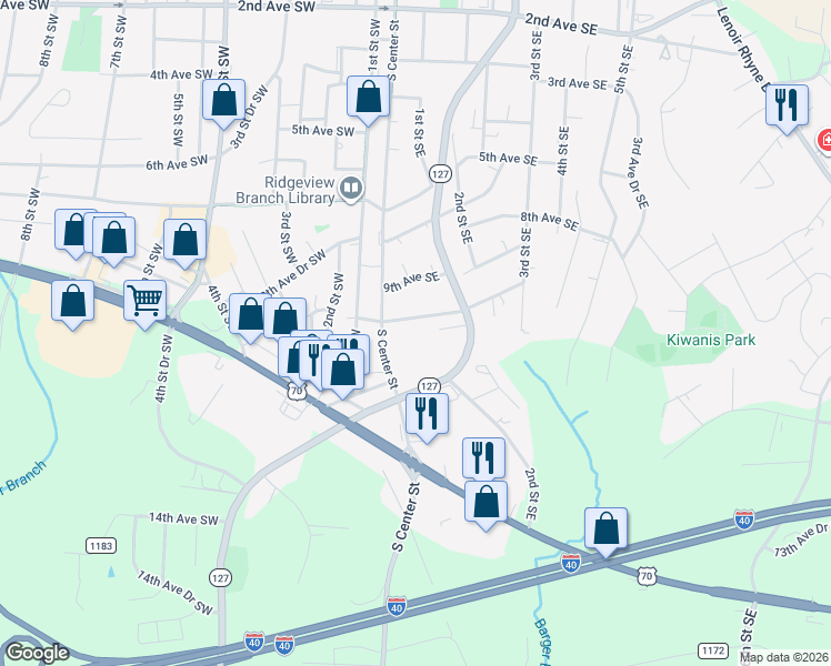 map of restaurants, bars, coffee shops, grocery stores, and more near 104 10th Avenue Southeast in Hickory