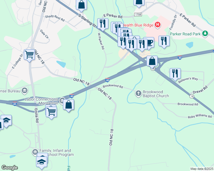 map of restaurants, bars, coffee shops, grocery stores, and more near 106 Brookwood Road in Morganton