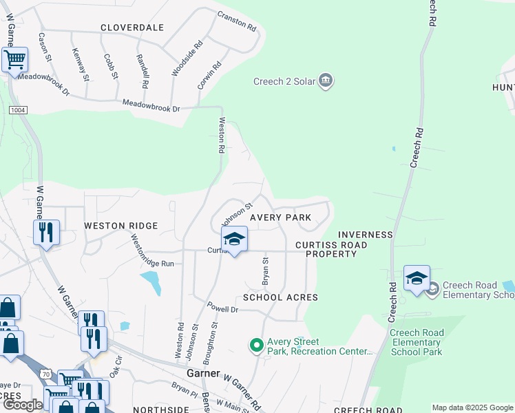 map of restaurants, bars, coffee shops, grocery stores, and more near 218 Creekchannel Court in Garner